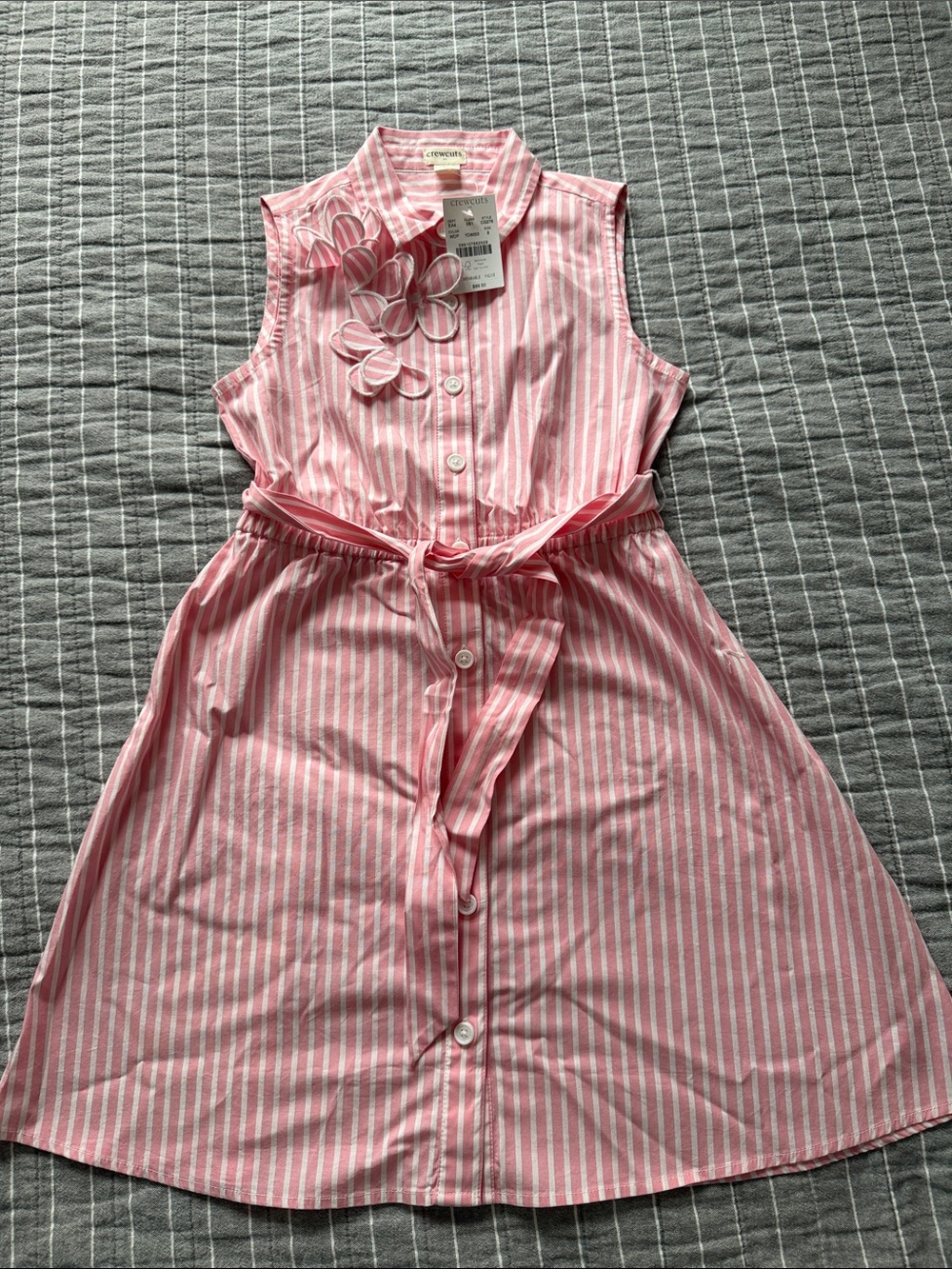Crewcuts Pink and White Striped Sleeveless Shirt Dress with Flower Appliqué